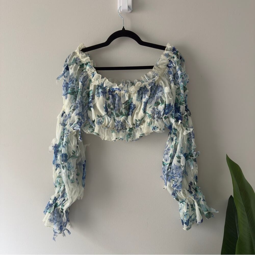 Shein Floral Off-Shoulder Ruffle Top Long Sleeve Cropped Crop Frilly Spring EUC - Picture 4 of 12